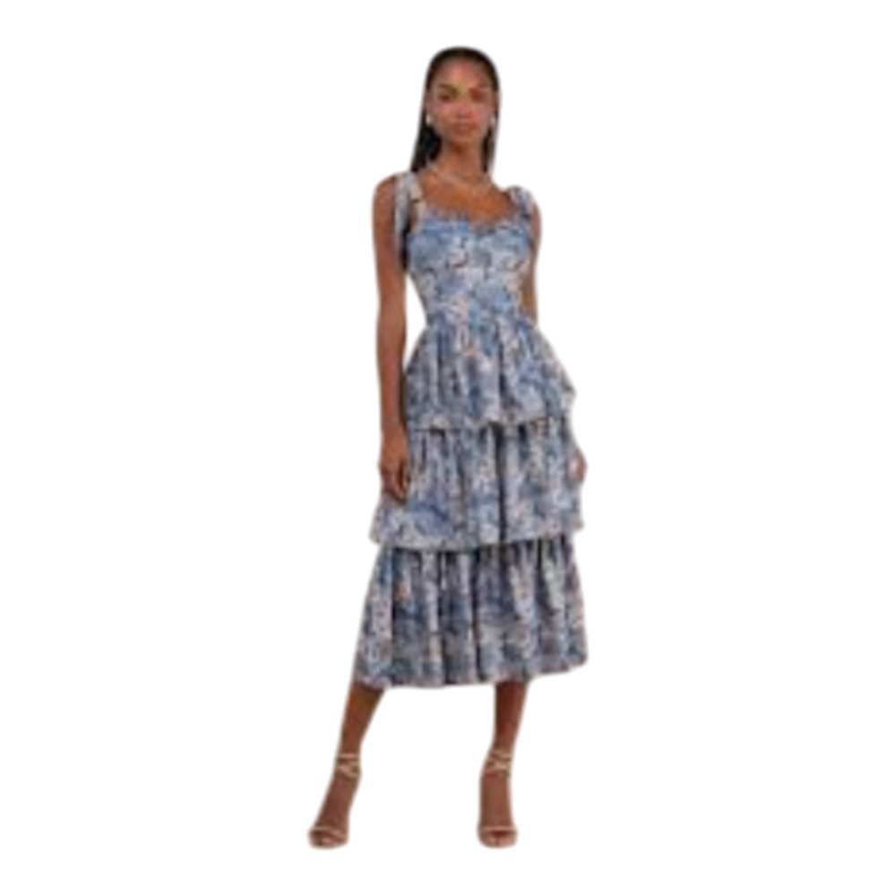 New! Lulus Lovely Bliss Blue Floral Jacquard Strapless Bustier Midi Dress #51